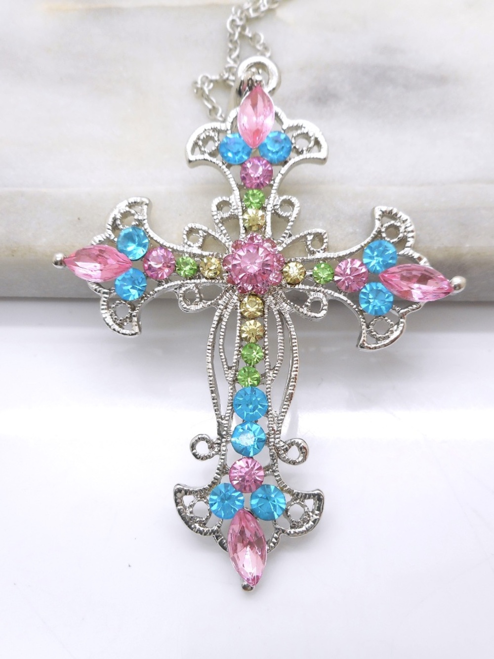 Large Cross Necklace Quality Soft Pastel Crystals Silver Plated